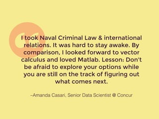–Amanda Casari, Senior Data Scientist @ Concur
I took Naval Criminal Law & international
relations. It was hard to stay awake. By
comparison, I looked forward to vector
calculus and loved Matlab. Lesson: Don't
be afraid to explore your options while
you are still on the track of figuring out
what comes next.
 