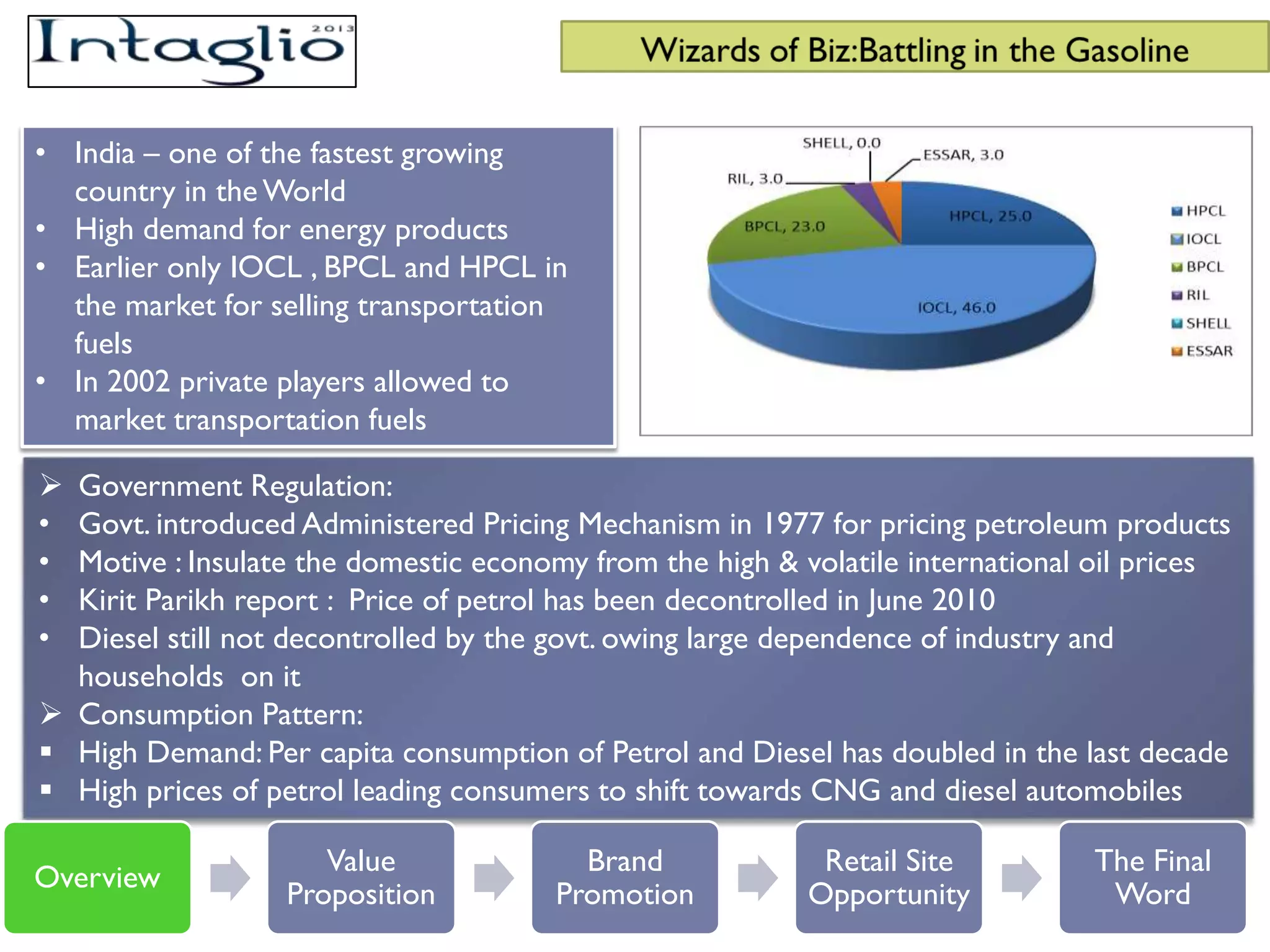 • India – one of the fastest growing
  country in the World
• High demand for energy products
• Earlier only IOCL , BPCL and HPCL in
  the market for selling transportation
  fuels
• In 2002 private players allowed to
  market transportation fuels

 Government Regulation:
• Govt. introduced Administered Pricing Mechanism in 1977 for pricing petroleum products
• Motive : Insulate the domestic economy from the high & volatile international oil prices
• Kirit Parikh report : Price of petrol has been decontrolled in June 2010
• Diesel still not decontrolled by the govt. owing large dependence of industry and
  households on it
 Consumption Pattern:
 High Demand: Per capita consumption of Petrol and Diesel has doubled in the last decade
 High prices of petrol leading consumers to shift towards CNG and diesel automobiles

                     Value               Brand             Retail Site         The Final
Overview
                  Proposition          Promotion          Opportunity           Word
 