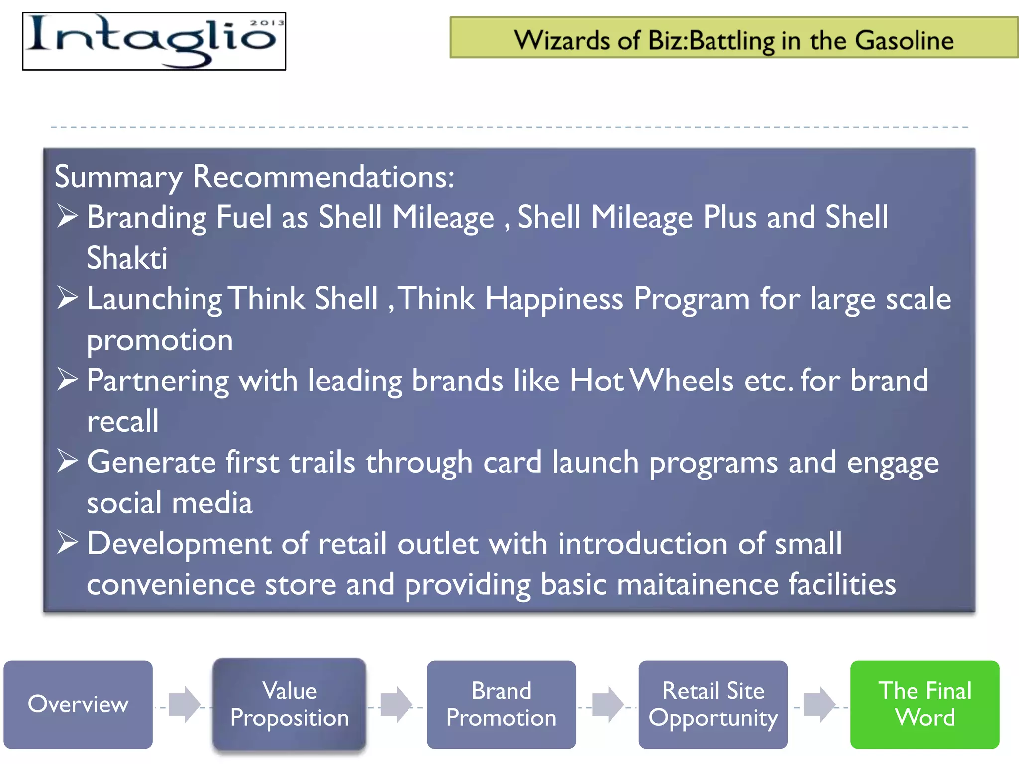 Summary Recommendations:
   Branding Fuel as Shell Mileage , Shell Mileage Plus and Shell
    Shakti
   Launching Think Shell , Think Happiness Program for large scale
    promotion
   Partnering with leading brands like Hot Wheels etc. for brand
    recall
   Generate first trails through card launch programs and engage
    social media
   Development of retail outlet with introduction of small
    convenience store and providing basic maitainence facilities


                 Value          Brand         Retail Site    The Final
Overview
              Proposition     Promotion      Opportunity      Word
 