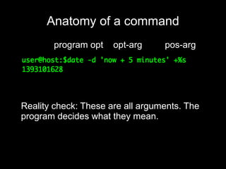 Anatomy of a command
program opt

opt-arg

pos-arg

Reality check: These are all arguments. The
program decides what they mean.

 