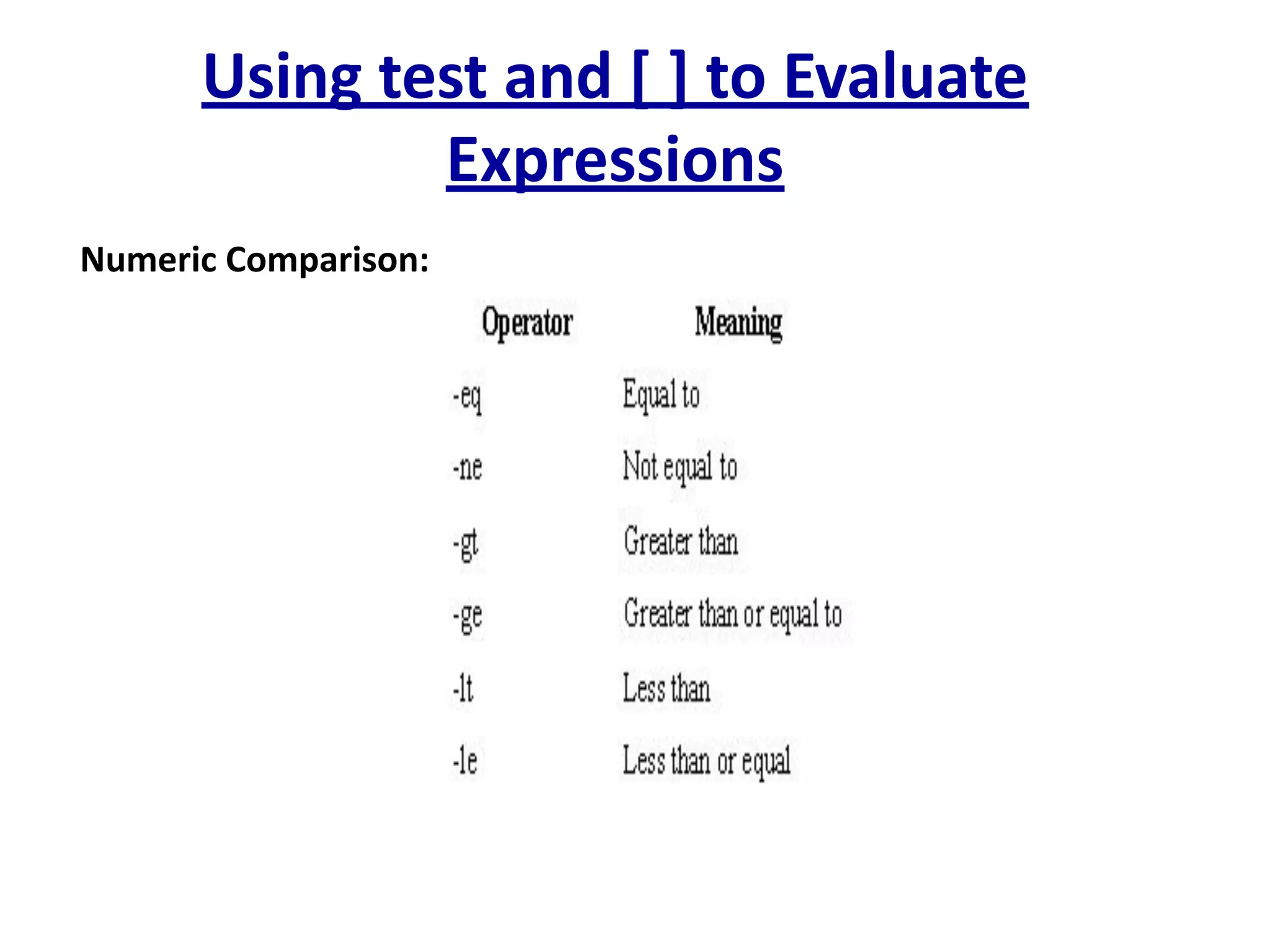 Using test and [ ] to Evaluate
Expressions
Numeric Comparison:
 