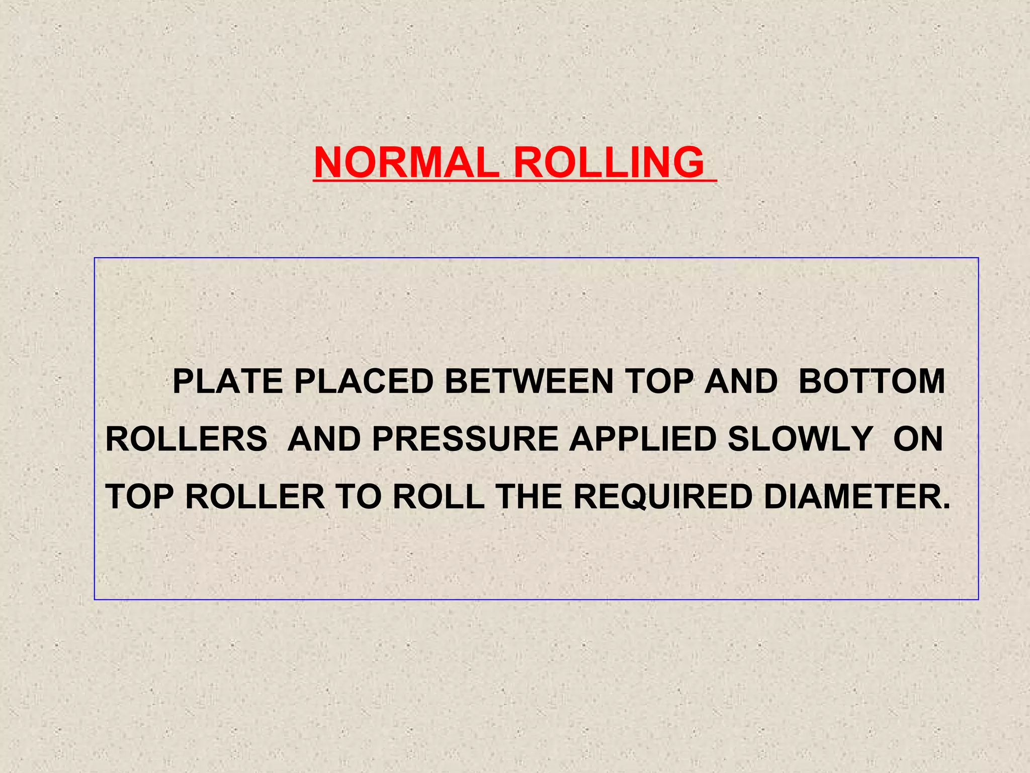 NORMAL ROLLING

PLATE PLACED BETWEEN TOP AND BOTTOM
ROLLERS AND PRESSURE APPLIED SLOWLY ON
TOP ROLLER TO ROLL THE REQUIRED DIAMETER.

 