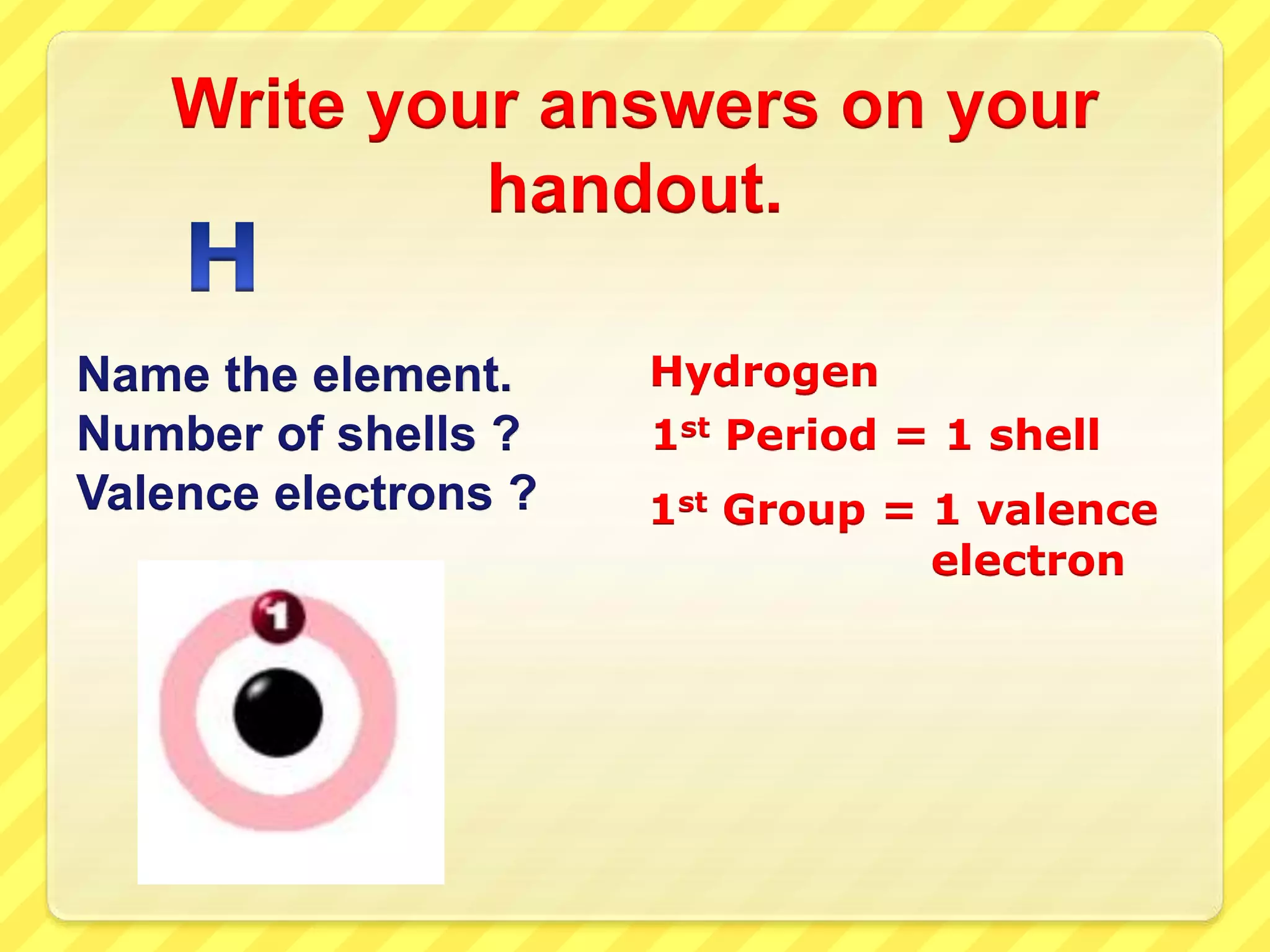 Write your answers on your 
handout. 
1st Period = 1 shell 
1st Group = 1 valence 
electron 
Name the element. Hydrogen 
Number of shells ? 
Valence electrons ? 
 