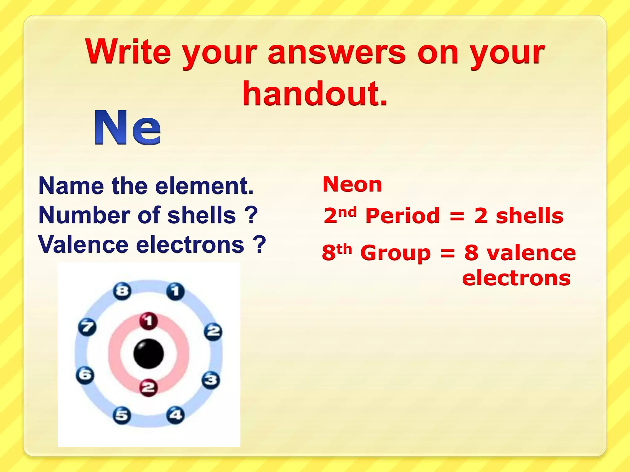 Write your answers on your 
handout. 
2nd Period = 2 shells 
8th Group = 8 valence 
electrons 
Name the element. Neon 
Number of shells ? 
Valence electrons ? 
 