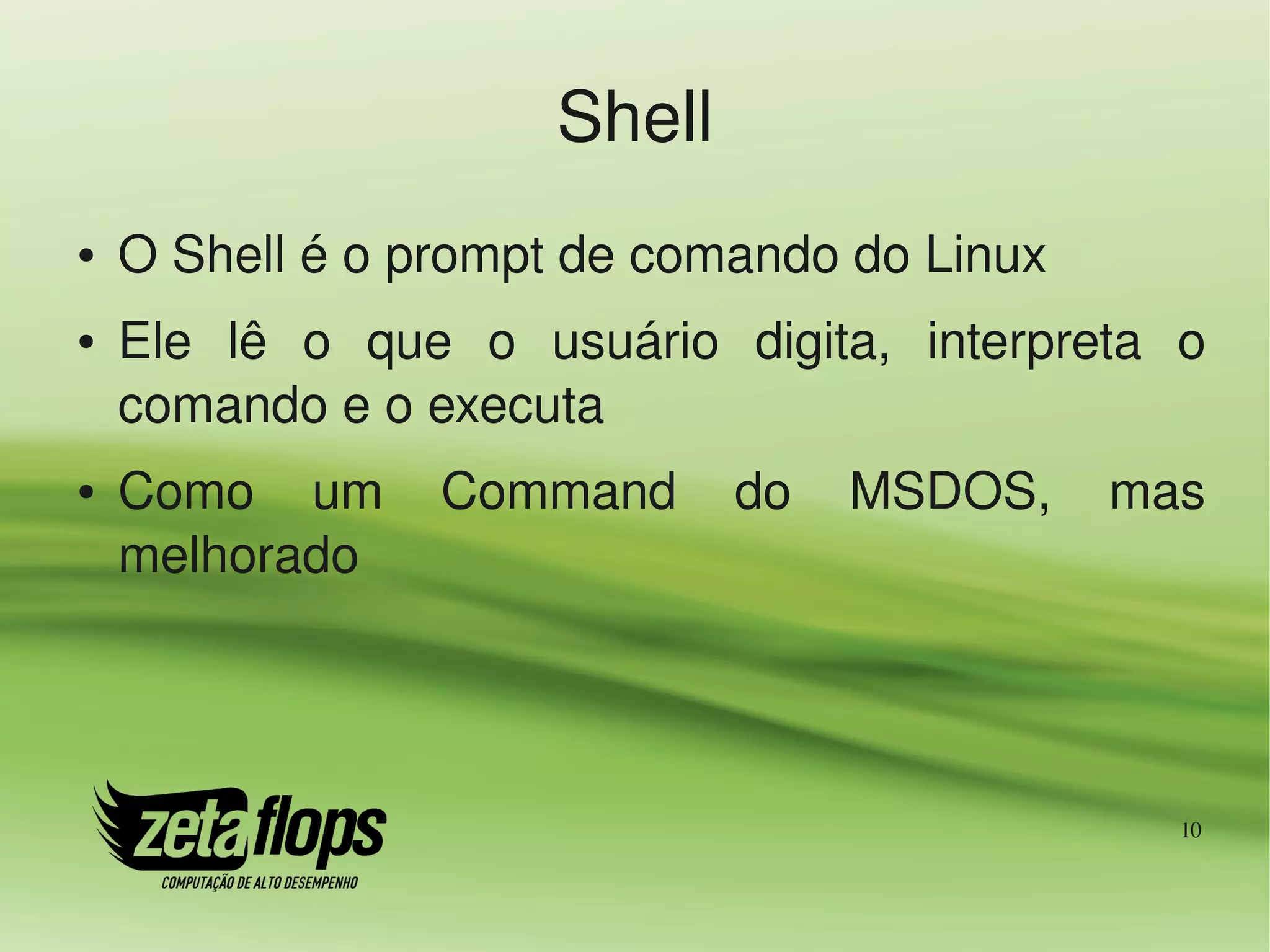 Shell
●   O Shell é o prompt de comando do Linux
●   Ele  lê  o  que  o  usuário  digita,  interpreta  o 
    comando e o executa
●   Como  um  Command  do  MSDOS,  mas 
    melhorado




                                                      10
 