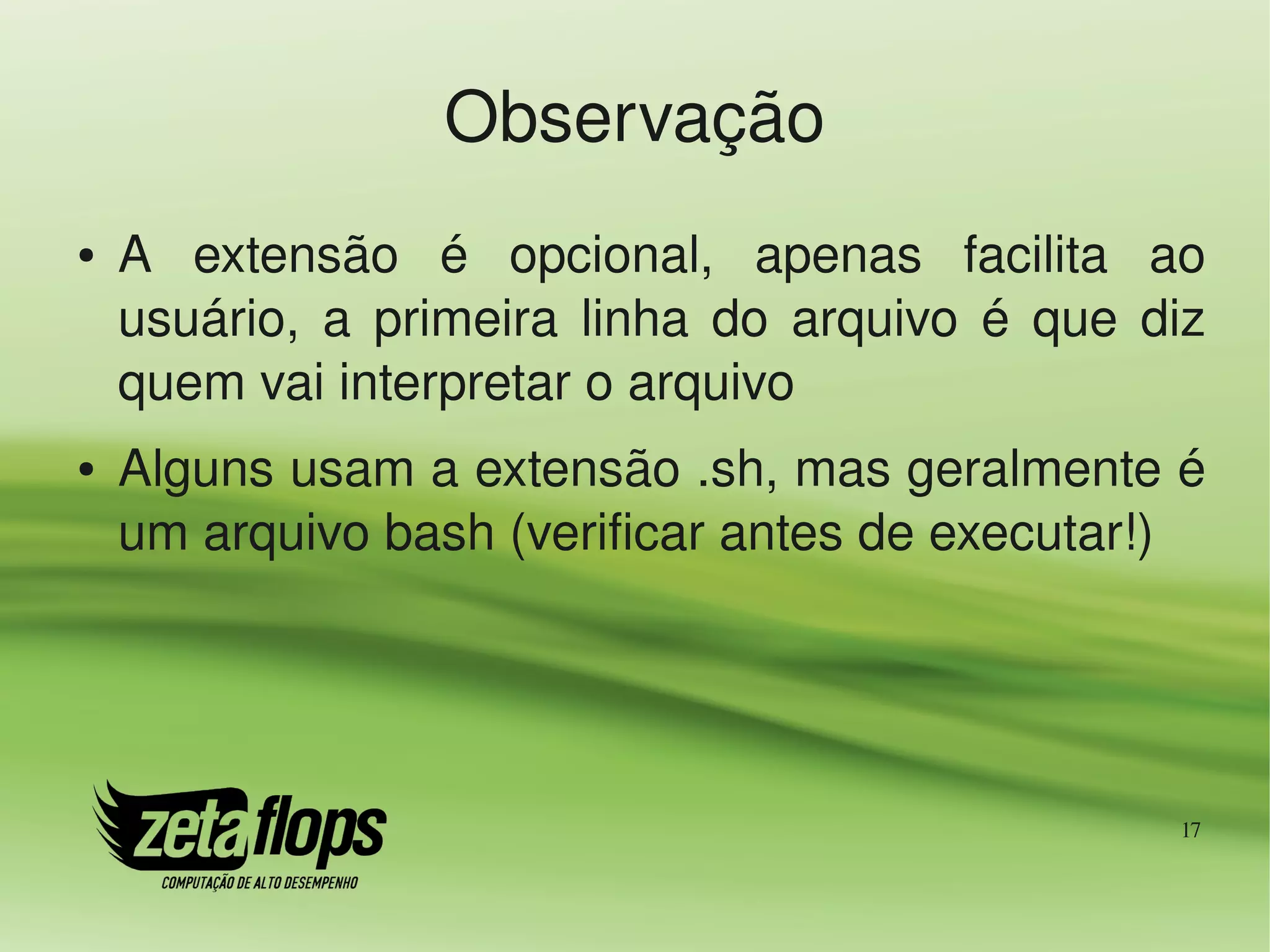 Observação
●   A  extensão  é  opcional,  apenas  facilita  ao 
    usuário,  a  primeira  linha  do  arquivo  é  que  diz 
    quem vai interpretar o arquivo
●   Alguns usam a extensão .sh, mas geralmente é 
    um arquivo bash (verificar antes de executar!)




                                                         17
 