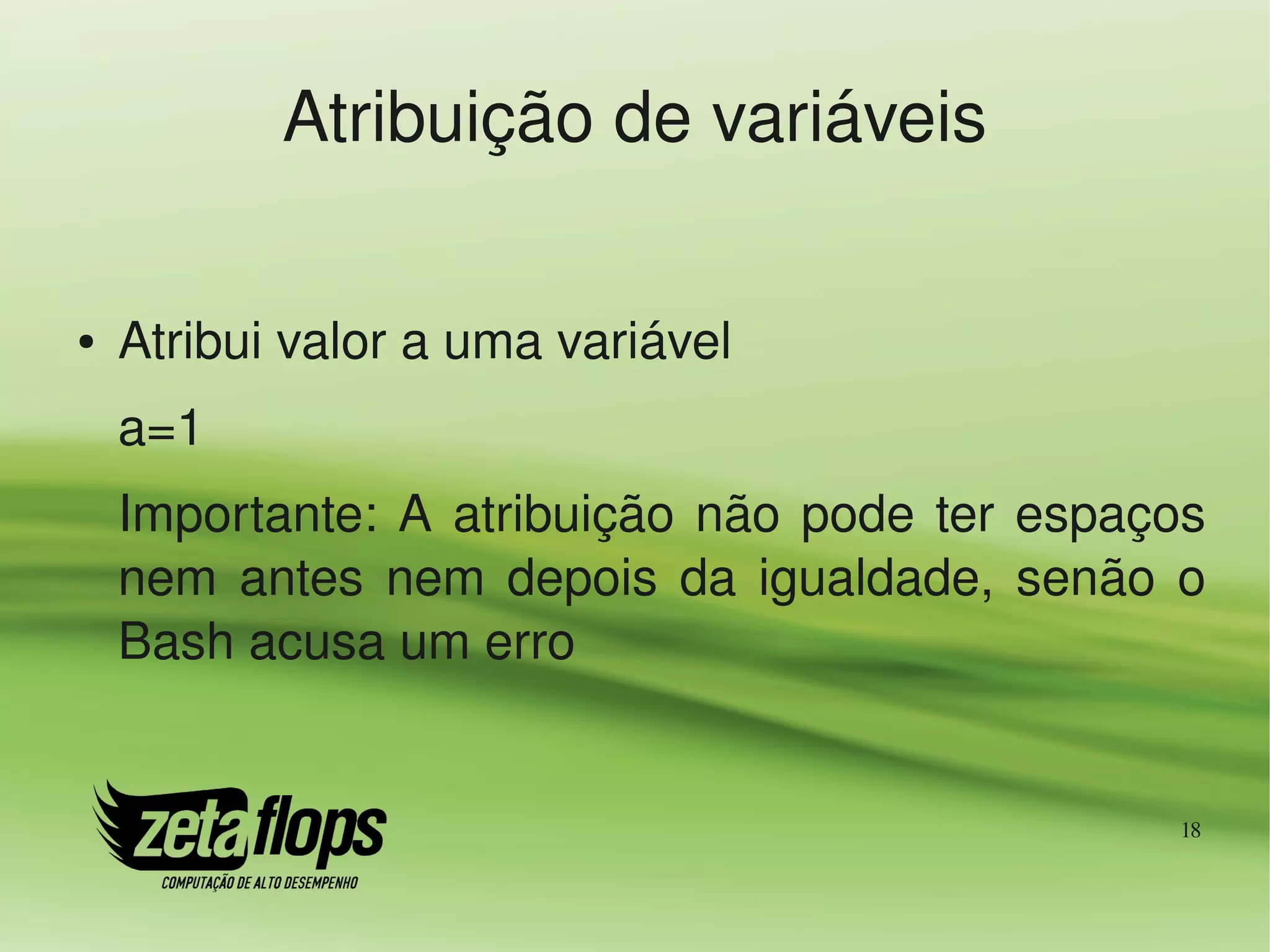 Atribuição de variáveis

●   Atribui valor a uma variável
    a=1
    Importante:  A  atribuição  não  pode  ter  espaços 
    nem  antes  nem  depois  da  igualdade,  senão  o 
    Bash acusa um erro


                                                      18
 