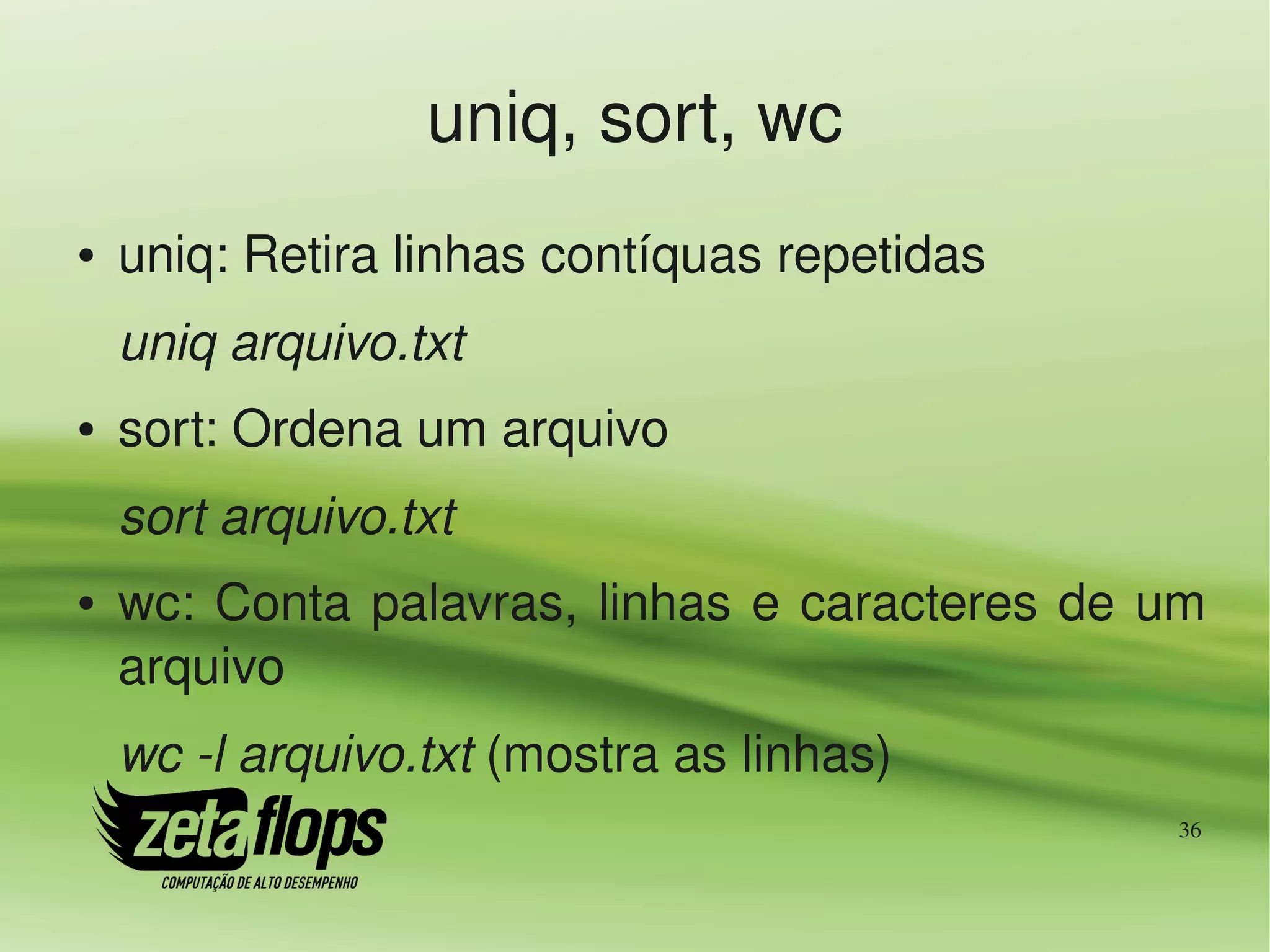 uniq, sort, wc
●   uniq: Retira linhas contíquas repetidas
    uniq arquivo.txt
●   sort: Ordena um arquivo
    sort arquivo.txt
●   wc:  Conta  palavras,  linhas  e  caracteres  de  um 
    arquivo
    wc ­l arquivo.txt (mostra as linhas)
                                                       36
 