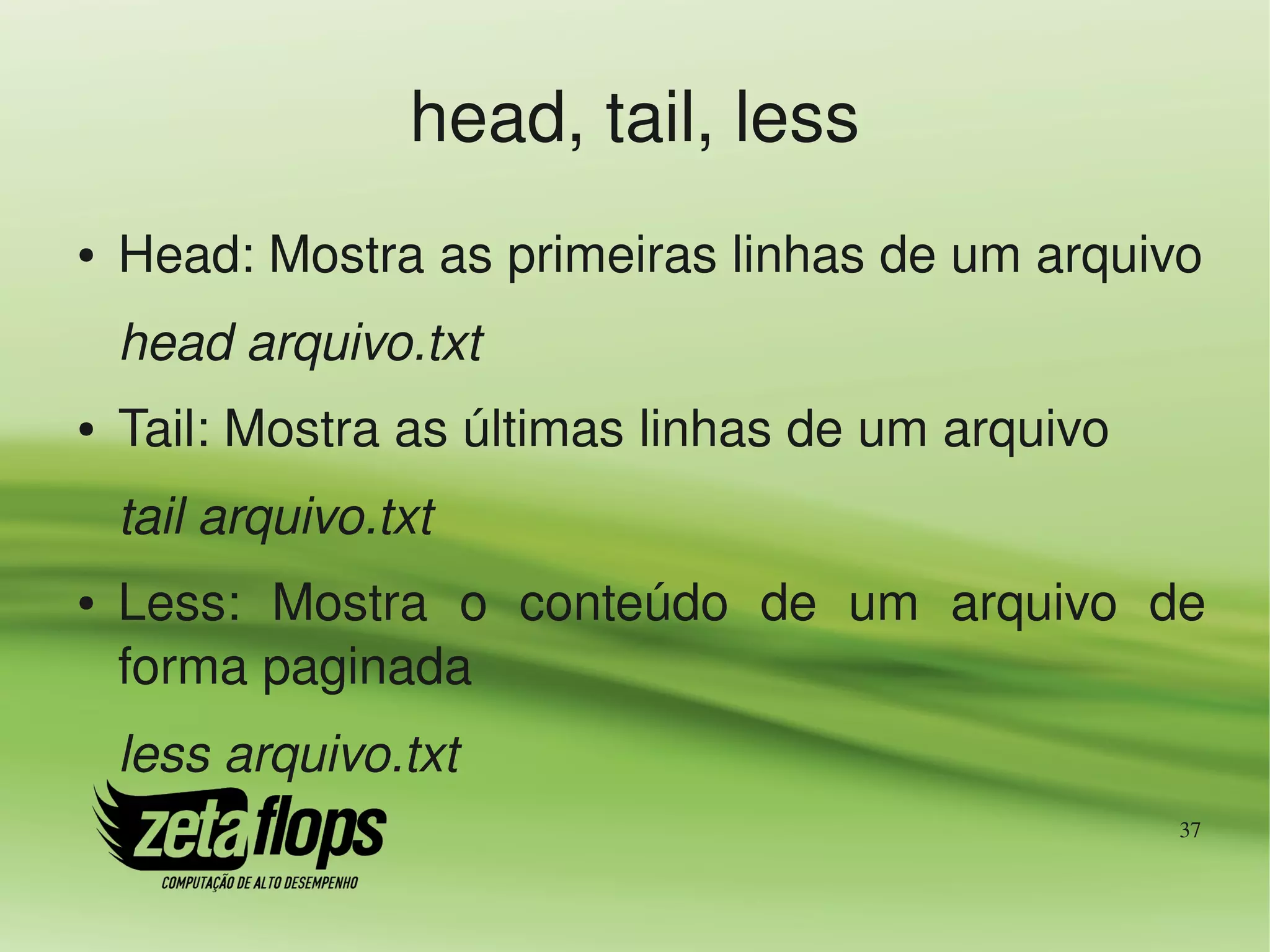 head, tail, less
●   Head: Mostra as primeiras linhas de um arquivo
    head arquivo.txt
●   Tail: Mostra as últimas linhas de um arquivo
    tail arquivo.txt
●   Less:  Mostra  o  conteúdo  de  um  arquivo  de 
    forma paginada
    less arquivo.txt
                                                   37
 