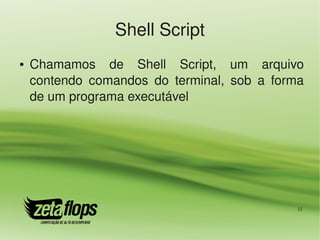 Shell Script
●   Chamamos  de  Shell  Script,  um  arquivo 
    contendo  comandos  do  terminal,  sob  a  forma 
    de um programa executável




                                                   11
 