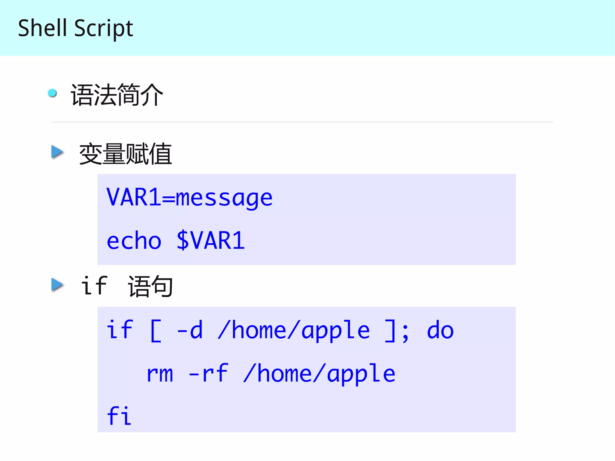 Shell Script

     语法简介

      变量赋值
         VAR1=message
         echo $VAR1
      if 语句
         if [ -d /home/apple ]; do
               rm -rf /home/apple
         fi
 