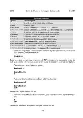 CDTC Centro de Difusão de Tecnologia e Conhecimento Brasil/DF
• Se em uma pergunta o S é oferecido como valor default (padrão) e a saída for para a variável
$SN, após ler o valor podemos fazer:
SN=$(SN:-S}
Desta forma se o operador deu um simples <ENTER> para conﬁrmar que aceitou o valor de-
fault, após executar esta instrução, a variável terá o valor S, caso contrário, terá o valor digitado.
• Para sabermos o tamanho de uma cadeia:
$ cadeia=0123
$ echo $#cadeia
4
• Para extrair de uma cadeia da posição um até o ﬁnal, fazemos:
$ cadeia=abcdef
$ echo $cadeia:1
bcdef
Repare que a origem é zero e não um.
• Na mesma variável $cadeia do exemplo acima, para extrair 3 caracteres a partir da 2ª posi-
ção:
$
cde
Repare que, novamente, a origem da contagem é zero e não um.
128
 