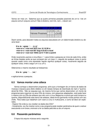 CDTC Centro de Difusão de Tecnologia e Conhecimento Brasil/DF
Vamos ver mais um. Sabemos que as quatro primeiras posições possíveis de um ls -l de um
arquivo comum (arquivo comum! Não é diretório, nem link, nem...) devem ser:
.
Assim sendo, para descobrir todos os arquivos executáveis em um determinado diretório eu de-
veria fazer:
$ ls -la | egrep '^-..(x|s)’
-rwxr-xr-x 1 root root 2875 Jun 18 19:38 rc
-rwxr-xr-x 1 root root 857 Aug 9 22:03 rc.local
-rwxr-xr-x 1 root root 18453 Jul 6 17:28 rc.sysinit
Onde novamente usamos o circunﬂexo (^) para limitar a pesquisa ao início de cada linha, então
as linhas listadas serão as que começam por um traço (-), seguido de qualquer coisa (o ponto
quando usado como uma expressão regular signiﬁca qualquer coisa), novamente seguido de
qualquer coisa, vindo a seguir um x ou um s.
Obteríamos o mesmo resultado se ﬁzéssemos:
$ ls -la | grep '^-..[xs]'
e agilizaríamos a pesquisa.
6.5 Vamos montar uma cdteca
Vamos começar a desenvolver programas, acho que a montagem de um banco de dados de
músicas é bacana para efeito didático (e útil nesses tempos de downloads de mp3 e "queima-
dores"de CDs). Não se esqueça que, da mesma forma que vamos desenvolver um monte de
programas para organizar os seus CDs de música, com pequenas adaptações, você pode fazer
o mesmo com os CDs de software que vêm com a Linux Magazine e outros que você compra ou
queima, disponibilizando este banco de software, desta forma ganhando muitos pontos com seu
chefe. Para todos que trabalham com você (o Linux é multiusuário, e como tal deve ser explo-
rado).
- Espera! De onde eu vou receber os dados dos CDs?
- Inicialmente, vou lhe mostrar como o seu programa pode receber parâmetros de quem o estiver
executando e em breve, ensinarei a ler os dados pela tela ou de um arquivo.
6.6 Passando parâmetros
O layout do arquivo músicas será o seguinte:
51
 