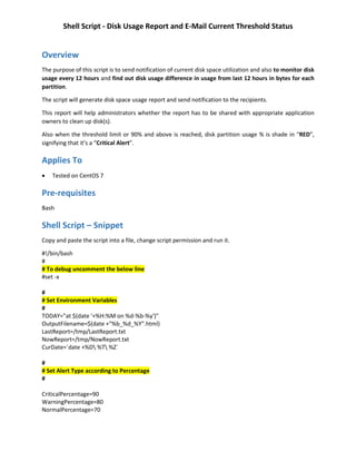 Shell Script Disk Usage Report and E-Mail Current Threshold Status | PDF