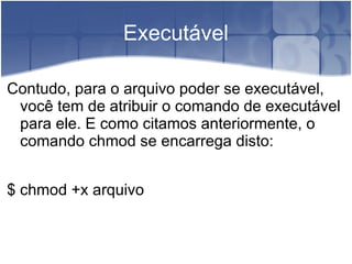 Executável

Contudo, para o arquivo poder se executável,
 você tem de atribuir o comando de executável
 para ele. E como citamos anteriormente, o
 comando chmod se encarrega disto:


$ chmod +x arquivo
 