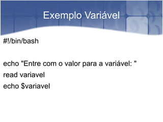 Exemplo Variável

#!/bin/bash


echo "Entre com o valor para a variável: "
read variavel
echo $variavel
 