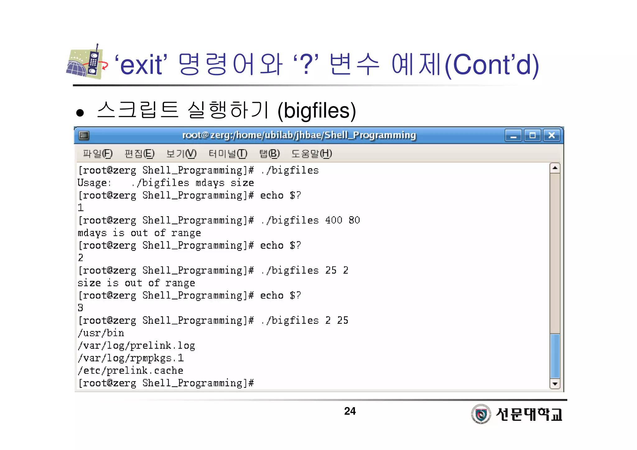 24
‘exit’ 명령어와 ‘?’ 변수 예제(Cont’d)
 스크립트 실행하기 (bigfiles)
 