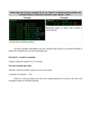 Vamos supor que vou dar o comando “ls -la” no “/home” o resultado será bem grande, mas
eu desejo localizar os diretórios contendo o nome “gnome”, então …
Sem grep Com grep
E muito mais resultado para baixo
Mostrando apenas as linhas onde constam a
palavra gnome
Se houver qualquer dificuldade com este comando basta treiná-lo no terminal filtrando as
saídas dos comandos que você está acostumado usar.
Exercício 8 – Usando os comandos
Usando a saída do comando “ls -la” no /home
Faça um comando que exiba:
Somente o mês de novembro, apenas uma vez e mais nada.
A resposta será somente → Nov
Pode ser o mês que desejar, este não vai ter resposta porque de um jeito ou de outro você
conseguirá chegar no resultado esperado.
 