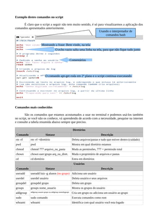Exemplo destes comandos no script
É claro que o script a seguir não tem muito sentido, é só para visualizarmos a aplicação dos
comandos apresentados anteriormente.
Comandos mais conhecidos
São os comandos que estamos acostumados a usar no terminal e podemos usá-los também
no script, se você não os conhece, vá aprendendo de acordo com a necessidade, pesquise na internet
e consulte a tabela resumida abaixo sempre que preciso.
Diretórios
Comando Sintaxe Descrição
rm -rf rm -rf +diretório Deleta arquivos/pastas e tudo que estiver dentro (cuidado)
pwd pwd Mostra em qual diretório estamos
chmod chmod 777 arquivo_ou_pasta Muda as permissões, 777 = permissão total
chown chown user:grupo arq_ou_diret. Muda o proprietário de arquivos e pastas
cd cd diretório Entra em diretórios
Usuários
Comando Sintaxe Descrição
useradd useradd luiz -g alunos (no grupo) Adiciona um usuário
userdel userdel usuário Deleta usuário e seus arquivos
groupdel groupdel grupo Deleta um grupo
groups groups nome_usuario Mostra os grupos do usuário
addgroup addgroup usuario grupo ou addgroup nomedogrupo
Cria um grupo ou adiciona um usuário ao grupo
sudo sudo comando Executa comandos como root
whoami whoami Identifica com qual usuário você esta logado
O echo vazio salta uma linha na tela, para que não fique tudo junto
Mostrando a frase: Bem vindo, na tela
O comando apt-get roda em 2º plano e o script continua executando
Comentários
Usando o interpretador de
comandos bash
 