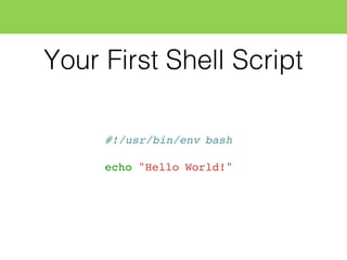 Your First Shell Script
#!/usr/bin/env bash
echo "Hello World!"
 