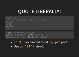 QUOTE LIBERALLY!
cd $1 is expanded to cd My project.
Use cd "$1" instead.
#!/bin/sh
# Add given directory to source control
set -eu
cd $1
git init
...
$ git-add-dir "My project"
git-add-dir: 3: cd: can't cd to My
zsh: exit 2 git-add-dir "My project"
 
