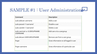 SAMPLE #1 : User Administration
Command Description
sudo adduser username Adds a user
sudo passwd -l 'username' Disable a user
sudo userdel -r 'username' Delete a user
sudo usermod -a -G GROUPNAME
USERNAME
Add user a to a usergroup
sudo deluser USER GROUPNAME Remove user from a user group
finger Gives information on all logged in user
finger username Gives information of a particular user
 