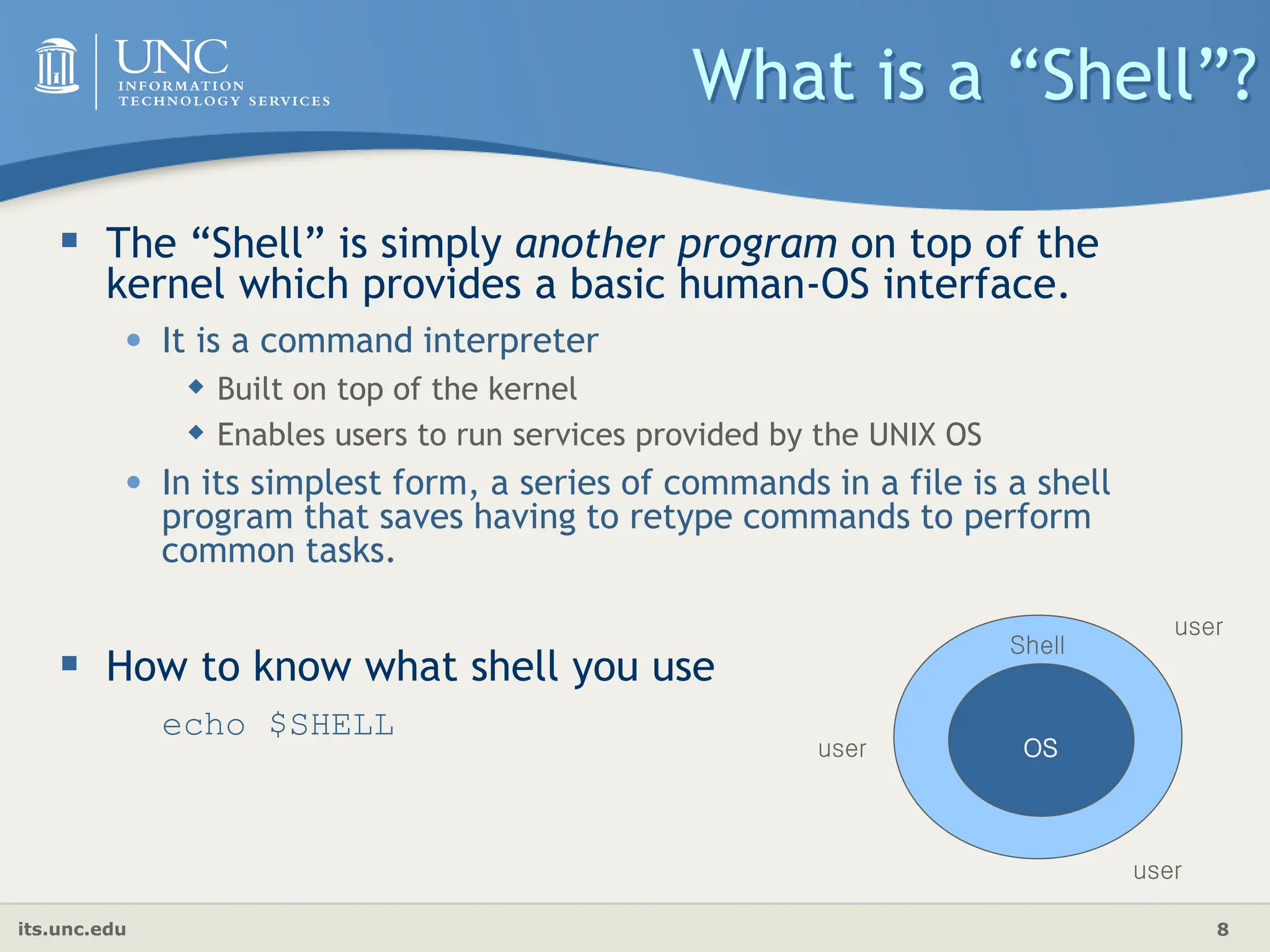 its.unc.edu 8
OS
user
user
user
Shell
 The “Shell” is simply another program on top of the
kernel which provides a basic human-OS interface.
• It is a command interpreter
 Built on top of the kernel
 Enables users to run services provided by the UNIX OS
• In its simplest form, a series of commands in a file is a shell
program that saves having to retype commands to perform
common tasks.
 How to know what shell you use
echo $SHELL
What is a “Shell”?
 
