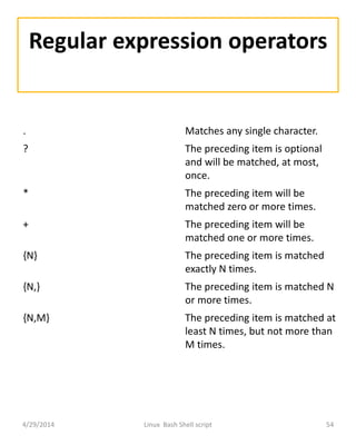 Regular expression operators
Operator
. Matches any single character.
? The preceding item is optional
and will be matched, at most,
once.
* The preceding item will be
matched zero or more times.
+ The preceding item will be
matched one or more times.
{N} The preceding item is matched
exactly N times.
{N,} The preceding item is matched N
or more times.
{N,M} The preceding item is matched at
least N times, but not more than
M times.
4/29/2014 Linux Bash Shell script 54
 