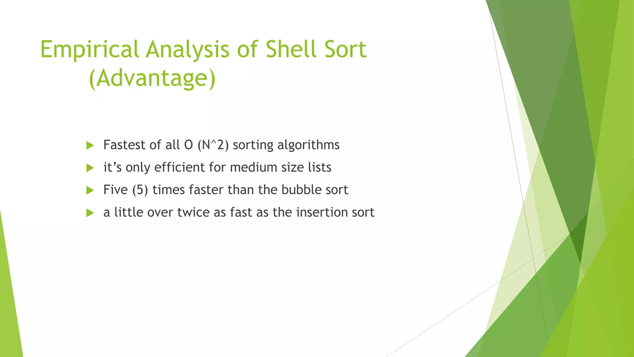 Empirical Analysis of Shell Sort
(Advantage)
 Fastest of all O (N^2) sorting algorithms
 it’s only efficient for medium size lists
 Five (5) times faster than the bubble sort
 a little over twice as fast as the insertion sort
 