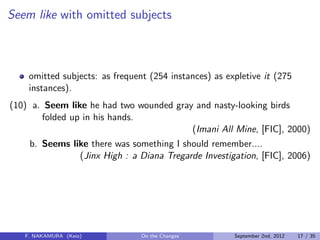 Seem like with omitted subjects
omitted subjects: as frequent (254 instances) as expletive it (275
instances).
(10) a. Seem like he had two wounded gray and nasty-looking birds
folded up in his hands.
(Imani All Mine, [FIC], 2000)
b. Seems like there was something I should remember....
(Jinx High : a Diana Tregarde Investigation, [FIC], 2006)
F. NAKAMURA (Keio) On the Changes September 2nd, 2012 17 / 35
 
