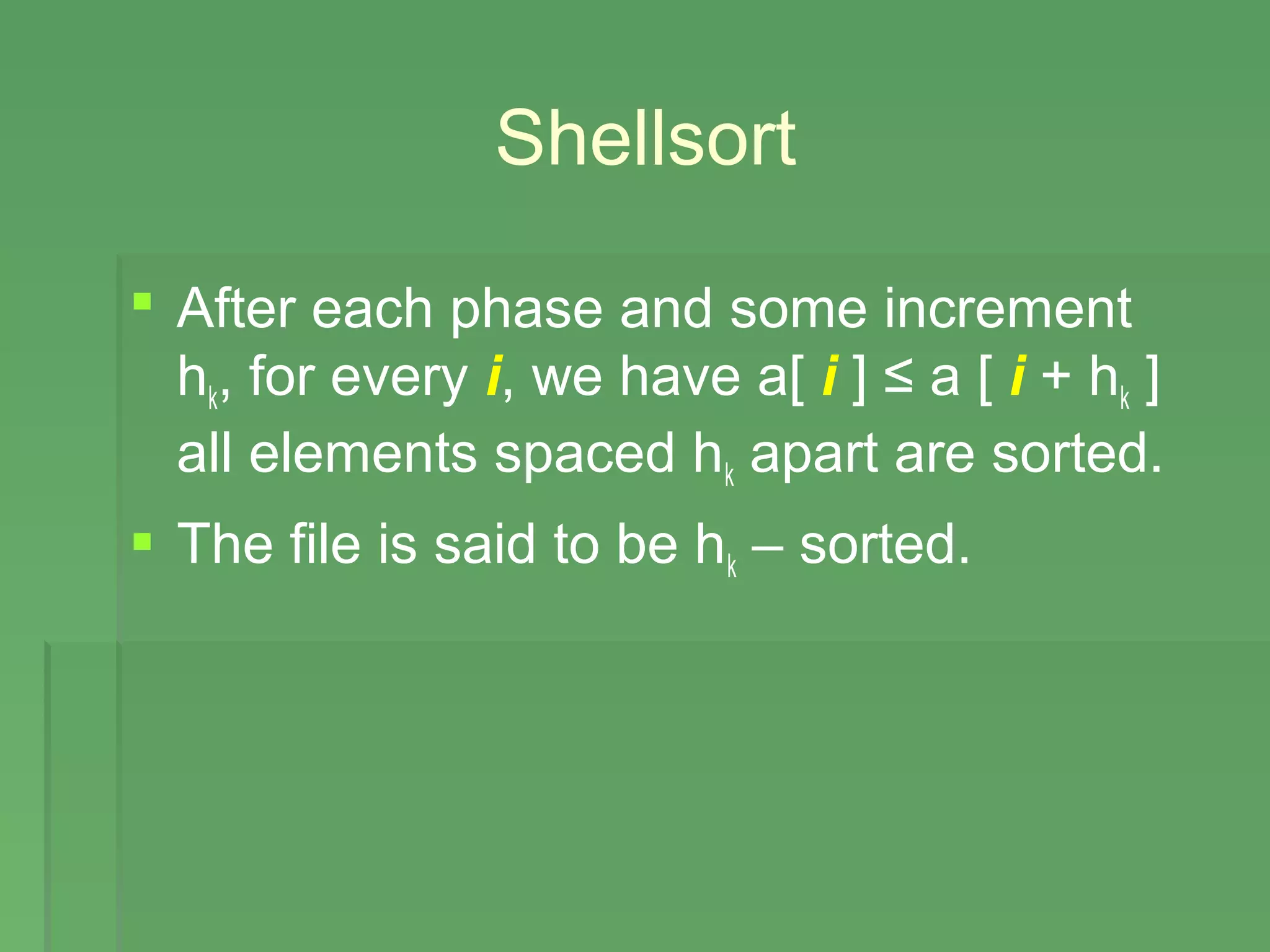 Shellsort
 After each phase and some increment
hk, for every i, we have a[ i ] ≤ a [ i + hk ]
all elements spaced hk apart are sorted.
 The file is said to be hk – sorted.
 