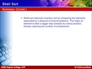 Ver. 1.0
Shell Sort
Shell sort improves insertion sort by comparing the elements
separated by a distance of several positions. This helps an
element to take a bigger step towards its correct position,
thereby reducing the number of comparisons.
Summary (Contd.)
 