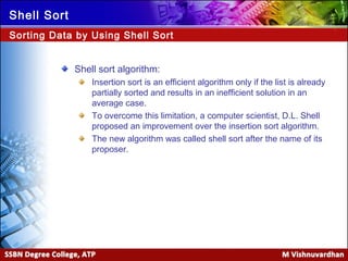 Ver. 1.0
Shell Sort
Shell sort algorithm:
Insertion sort is an efficient algorithm only if the list is already
partially sorted and results in an inefficient solution in an
average case.
To overcome this limitation, a computer scientist, D.L. Shell
proposed an improvement over the insertion sort algorithm.
The new algorithm was called shell sort after the name of its
proposer.
Sorting Data by Using Shell Sort
 