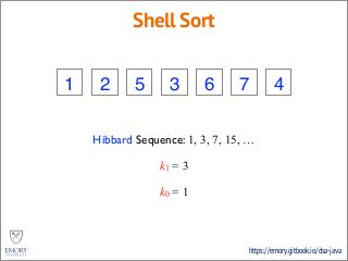 https://emory.gitbook.io/dsa-java
Shell Sort
3 2 5 4 6 7 1
Hibbard Sequence: 1, 3, 7, 15, …
k1 = 3
1 41 3
k0 = 1
 