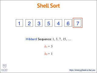 https://emory.gitbook.io/dsa-java
Shell Sort
3 2 5 4 6 7 1
Hibbard Sequence: 1, 3, 7, 15, …
k1 = 3
1 41 3
k0 = 1
3 5 4 74 6
 