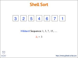 https://emory.gitbook.io/dsa-java
Shell Sort
3 2 5 4 6 7 1
Hibbard Sequence: 1, 3, 7, 15, …
k1 = 3
 