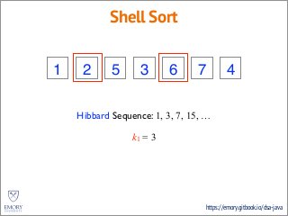 https://emory.gitbook.io/dsa-java
Shell Sort
3 2 5 4 6 7 1
Hibbard Sequence: 1, 3, 7, 15, …
k1 = 3
1 41 3
 