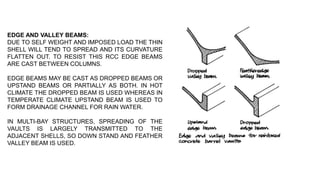 EDGE AND VALLEY BEAMS:
DUE TO SELF WEIGHT AND IMPOSED LOAD THE THIN
SHELL WILL TEND TO SPREAD AND ITS CURVATURE
FLATTEN OUT. TO RESIST THIS RCC EDGE BEAMS
ARE CAST BETWEEN COLUMNS.
EDGE BEAMS MAY BE CAST AS DROPPED BEAMS OR
UPSTAND BEAMS OR PARTIALLY AS BOTH. IN HOT
CLIMATE THE DROPPED BEAM IS USED WHEREAS IN
TEMPERATE CLIMATE UPSTAND BEAM IS USED TO
FORM DRAINAGE CHANNEL FOR RAIN WATER.
IN MULTI-BAY STRUCTURES, SPREADING OF THE
VAULTS IS LARGELY TRANSMITTED TO THE
ADJACENT SHELLS, SO DOWN STAND AND FEATHER
VALLEY BEAM IS USED.
 