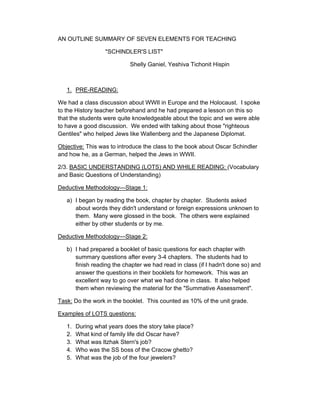 AN OUTLINE SUMMARY OF SEVEN ELEMENTS FOR TEACHING

                   "SCHINDLER'S LIST"

                            Shelly Ganiel, Yeshiva Tichonit Hispin



   1. PRE-READING:

We had a class discussion about WWII in Europe and the Holocaust. I spoke
to the History teacher beforehand and he had prepared a lesson on this so
that the students were quite knowledgeable about the topic and we were able
to have a good discussion. We ended with talking about those "righteous
Gentiles" who helped Jews like Wallenberg and the Japanese Diplomat.

Objective: This was to introduce the class to the book about Oscar Schindler
and how he, as a German, helped the Jews in WWII.

2/3. BASIC UNDERSTANDING (LOTS) AND WHILE READING: (Vocabulary
and Basic Questions of Understanding)

Deductive Methodology—Stage 1:

   a) I began by reading the book, chapter by chapter. Students asked
      about words they didn't understand or foreign expressions unknown to
      them. Many were glossed in the book. The others were explained
      either by other students or by me.

Deductive Methodology—Stage 2:

   b) I had prepared a booklet of basic questions for each chapter with
      summary questions after every 3-4 chapters. The students had to
      finish reading the chapter we had read in class (if I hadn't done so) and
      answer the questions in their booklets for homework. This was an
      excellent way to go over what we had done in class. It also helped
      them when reviewing the material for the "Summative Assessment".

Task: Do the work in the booklet. This counted as 10% of the unit grade.

Examples of LOTS questions:

   1.   During what years does the story take place?
   2.   What kind of family life did Oscar have?
   3.   What was Itzhak Stern's job?
   4.   Who was the SS boss of the Cracow ghetto?
   5.   What was the job of the four jewelers?
 