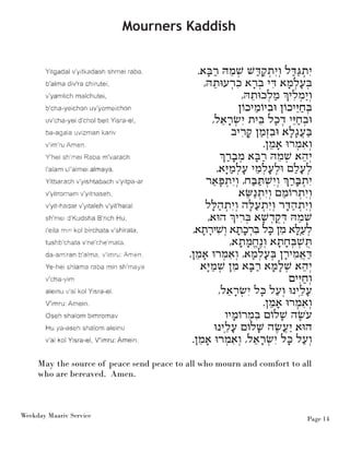 Weekday Maariv Service Page 14 
Mourners Kaddish 
May the source of peace send peace to all who mourn and comfort to all 
who are bereaved. Amen. 
