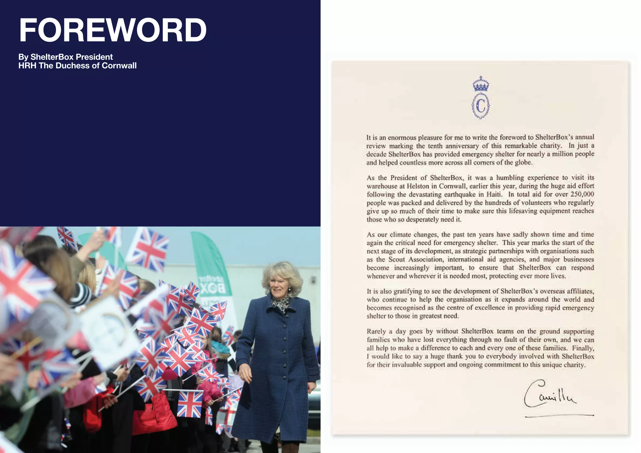 FOREWORD
By ShelterBox President
HRH The Duchess of Cornwall
 