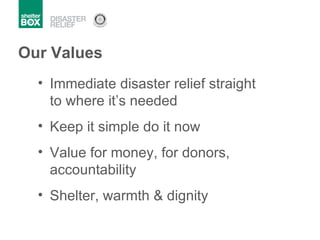 Our Values Immediate disaster relief straight to where its needed Keep it simple do it now Value for money, for donors, accountability Shelter, warmth & dignity 