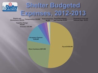 Repairs and
Transportation- $10,000
Maintenance- $20,550

Professional fees- Board Recruitment
and Training- $3,000
$6,500

Supplies, Postage$22,045
Insurance- $27,000

Occupancy Expense$128,000

Payroll-$520,905
Direct Assistance-$267,000

Payments to Local and
National Orgs.- $2,915

 