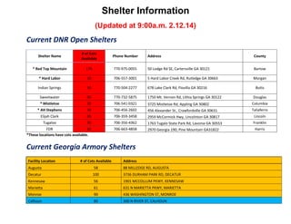 Shelter Information
(Updated at 9:00a.m. 2.12.14)

Current DNR Open Shelters
Shelter Name

# of Cots
Available

Phone Number

Address

County

* Red Top Mountain

170

770-975-0055

50 Lodge Rd SE, Cartersville GA 30121

Bartow

* Hard Labor

50

706-557-3001

5 Hard Labor Creek Rd, Rutledge GA 30663

Morgan

Indian Springs

50

770-504-2277

678 Lake Clark Rd, Flovilla GA 30216

Sweetwater

60

770-732-5875

1750 Mt. Vernon Rd, Lithia Springs GA 30122

* Mistletoe

30

706-541-0321

3725 Mistletoe Rd, Appling GA 30802

Columbia

* AH Stephens

30

706-456-2602

456 Alexander St., Crawfordville GA 30631

Taliaferro

Elijah Clark

85

706-359-3458

2959 McCormick Hwy, Lincolnton GA 30817

Lincoln

Tugaloo

30

706-356-4362

1763 Tugalo State Park Rd, Lavonia GA 30553

Franklin

FDR
45
*These locations have cots available.

706-663-4858

2970 Georgia 190, Pine Mountain GA31822

Current Georgia Armory Shelters
Facility Location

# of Cots Available

Address

Augusta

58

88 MILLEDGE RD, AUGUSTA

Decatur

100

3736 DURHAM PARK RD, DECATUR

Kennesaw

56

1901 MCCOLLUM PKWY, KENNESAW

Marietta

61

631 N MARIETTA PKWY, MARIETTA

Monroe

90

436 WASHINGTON ST, MONROE

Calhoun

80

300 N RIVER ST, CALHOUN

Butts
Douglas

Harris

 