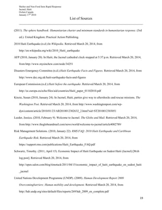Shelter and Non-Food Item Rapid Response
Jacmel, Haiti
Oxfam Canada
January 17th
2010
19
List of Sources
(2011). The sphere handbook: Humanitarian charter and minimum standards in humanitarian response. (3rd
ed.). United Kingdom: Practical Action Publishing.
2010 Haiti Earthquake.(n.d.).In Wikipedia. Retrieved March 20, 2014, from
http://en.wikipedia.org/wiki/2010_Haiti_earthquake
AFP (2010, January 20). In Haiti, the Jacmel cathedral clock stopped at 5:37 p.m. Retrieved March 20, 2014,
from http://www.mysinchew.com/node/34251
Disasters Emergency Committee.(n.d.).Haiti Earthquake Facts and Figures. Retrieved March 20, 2014, from
http://www.dec.org.uk/haiti-earthquake-facts-and-figures
European Commission.(n.d.).Haiti before the earthquake. Retrieved March 20, 2014, from
http://ec.europa.eu/echo/files/aid/countries/Haiti_paper_01102010.pdf
Kinzie, Susan (2010, January 24). In Jacmel, Haiti, parties give way to aftershocks and rescue missions. The
Washington Post. Retrieved March 20, 2014, from http://www.washingtonpost.com/wp-
dyn/content/article/2010/01/23/AR2010012302632_2.html?sid=ST2010012303051
Leeder, Jessica. (2010, February 9). Welcome to Jacmel. The Globe and Mail. Retrieved March 20, 2014,
from http://www.theglobeandmail.com/news/world/welcome-to-jacmel/article4082789/
Risk Management Solutions. (2010, January 22). RMS FAQ: 2010 Haiti Earthquake and Caribbean
Earthquake Risk. Retrieved March 20, 2014, from
https://support.rms.com/publications/Haiti_Earthquake_FAQ.pdf
Schwartz, Timothy. (2011, April 15). Economic Impact of Haiti Earthquake on Sudest Haiti (Jacmel) [Web
log post]. Retrieved March 20, 2014, from
http://open.salon.com/blog/timotuck/2011/04/15/economic_impact_of_haiti_earthquake_on_sudest_haiti
_jacmel
United Nations Development Programme (UNDP). (2009). Human Development Report 2009
Overcomingbarriers: Human mobility and development. Retrieved March 20, 2014, from
http://hdr.undp.org/sites/default/files/reports/269/hdr_2009_en_complete.pdf
 