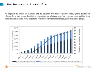 P e r f o r m a n c e F in a n c iè r e


L’objectif du projet de Kaputei est de devenir profitable a partir 2014, quand toutes les
phases du projet seront finalisées. Le projet a pu générer assez de revenus pour qu’il se fasse
sans crédit bancaire. Nous espérons continuer sur la même lancée jusqu’à la fin de projet.
 
