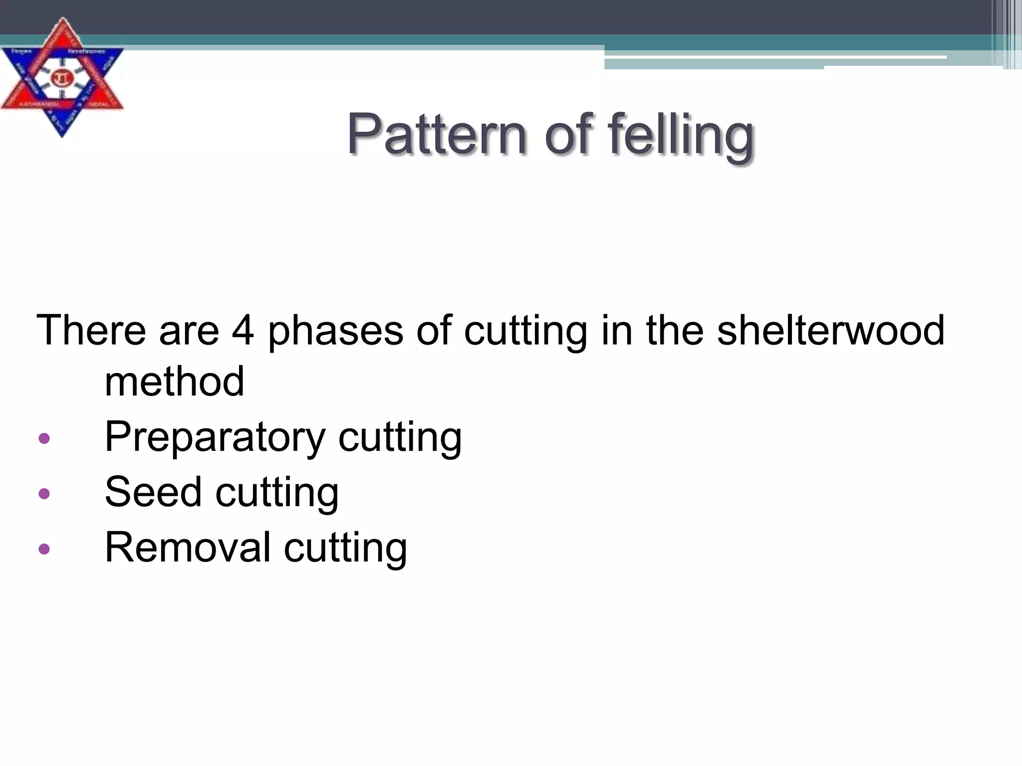 Pattern of felling

There are 4 phases of cutting in the shelterwood
method
• Preparatory cutting
• Seed cutting
• Removal cutting

 