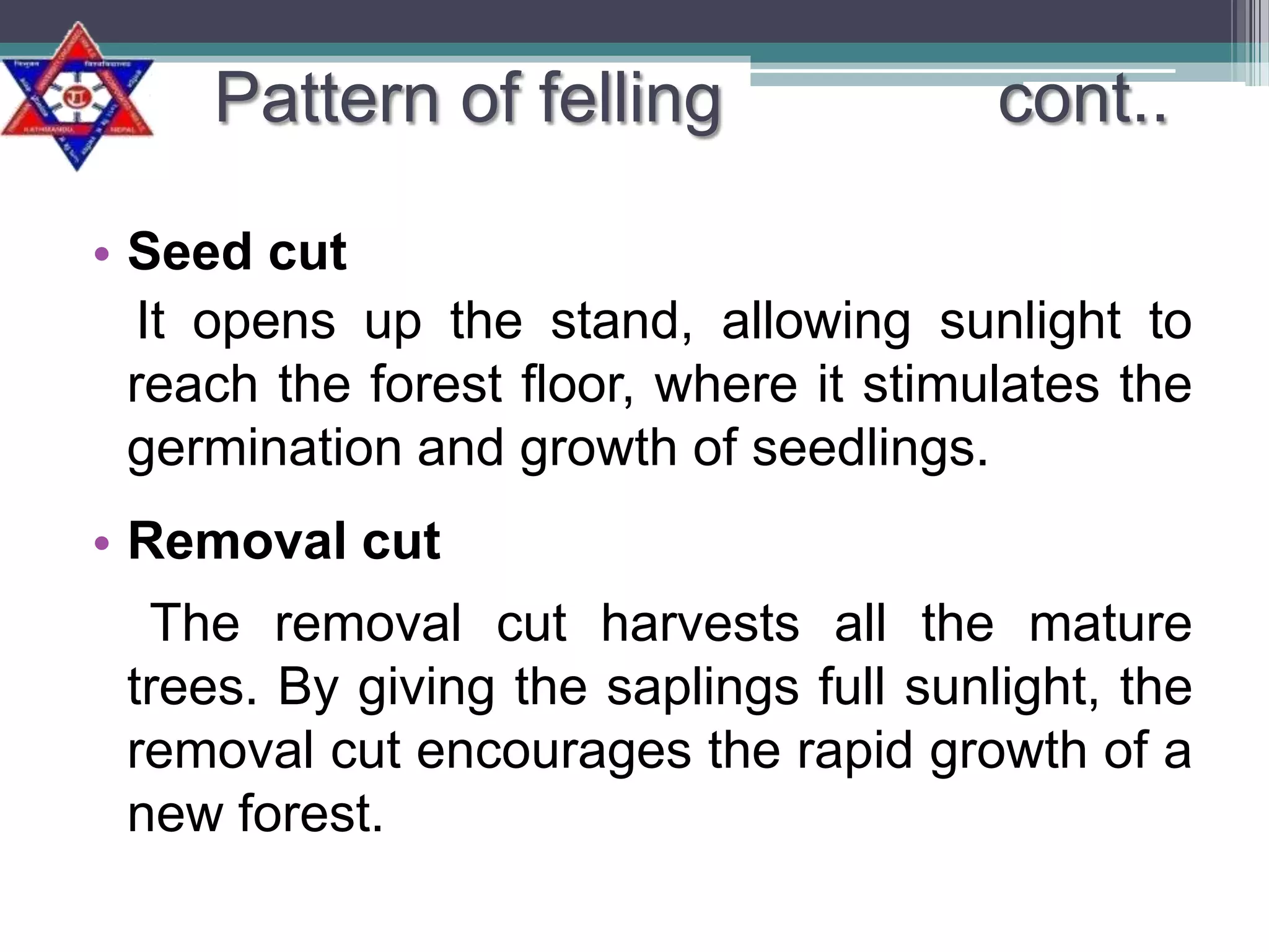 Pattern of felling

cont..

• Seed cut
It opens up the stand, allowing sunlight to
reach the forest floor, where it stimulates the
germination and growth of seedlings.
• Removal cut
The removal cut harvests all the mature
trees. By giving the saplings full sunlight, the
removal cut encourages the rapid growth of a
new forest.

 