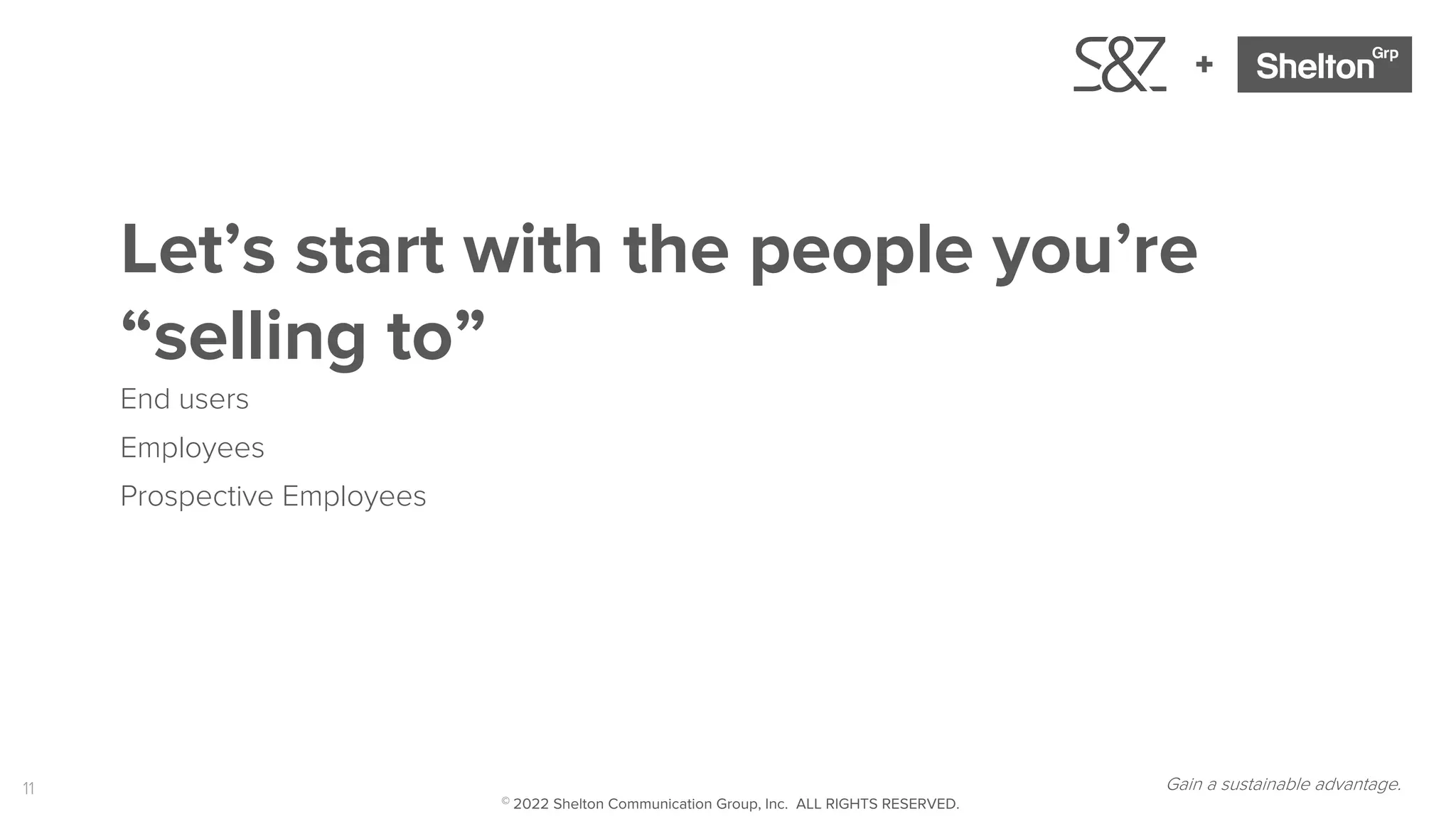 11
+
Let’s start with the people you’re
“selling to”
End users
Employees
Prospective Employees
Gain a sustainable advantage.
© 2022 Shelton Communication Group, Inc. ALL RIGHTS RESERVED.
 