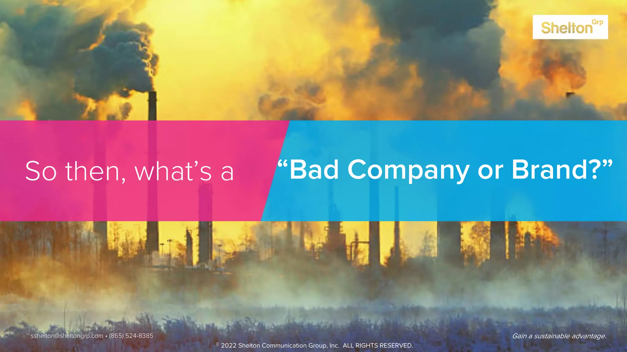 16 Gain a sustainable advantage.
So then, what’s a “Bad Company or Brand?”
Gain a sustainable advantage.
sshelton@sheltongrp.com • (865) 524-8385
© 2022 Shelton Communication Group, Inc. ALL RIGHTS RESERVED.
 